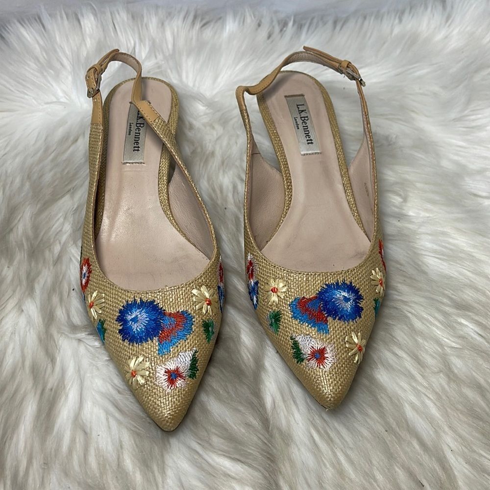 LK Bennett Woven Embroidered Slingback Kitten Heel Shoes Sz 38.5/8 - Picture 2 of 6